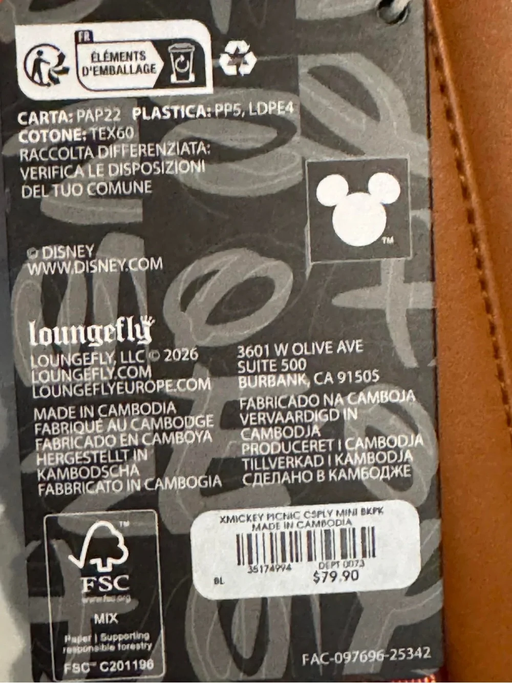 Loungefly Pink Gingham Mickey Ear Mini Backpack with Brown Accents